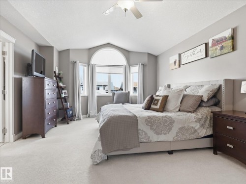 Bright bedroom featuring a bay window with an arched transom, light gray walls, and plush carpeting - 1340 Oakland Crescent, Devon, AB - Indoor Photo Showing Bedroom