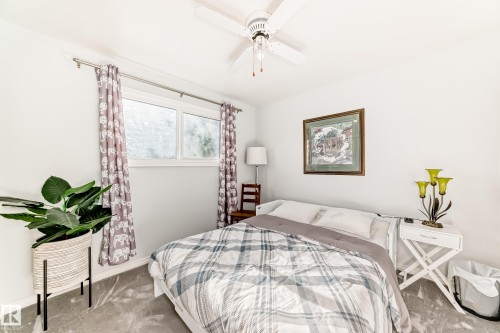 Light-filled room featuring a ceiling fan, two-pane window, and grey floor covering - 3611 108 Street, Edmonton, AB - Indoor Photo Showing Bedroom