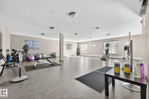 Spacious fitness room featuring durable flooring, multiple windows, recessed lighting, and expansive wall mirrors - 215 2208 44 Avenue, Edmonton, AB - Indoor Photo Showing Gym Room