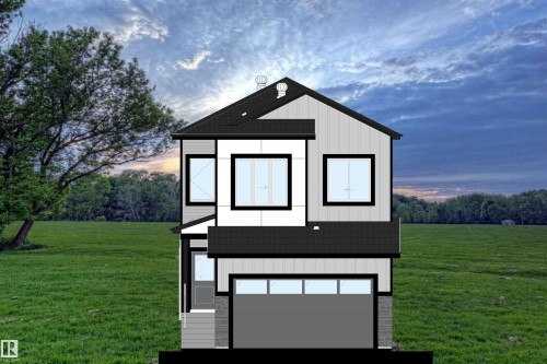 Contemporary two-story residence featuring a dark shingle roof, mixed-material siding, a prominent attached garage, and multiple large windows - 382 Linden Loop, Leduc, AB - Outdoor