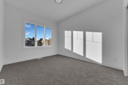 Bright room with white painted walls, gray carpeting, a multi-paned window, and a white trim package - 