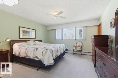 Carpeted interior space featuring a ceiling fan, light green walls, a window with vertical blinds, and a wood-finish door frame - 8608 22 Ave, Edmonton, AB - Indoor Photo Showing Bedroom