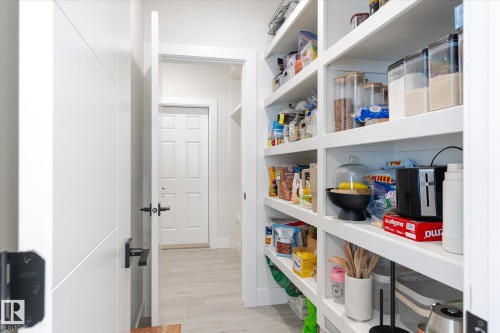Built-in pantry shelving featuring white finishes and ample storage capacity - 1214 Eaton Lane, Edmonton, AB - Indoor With Storage