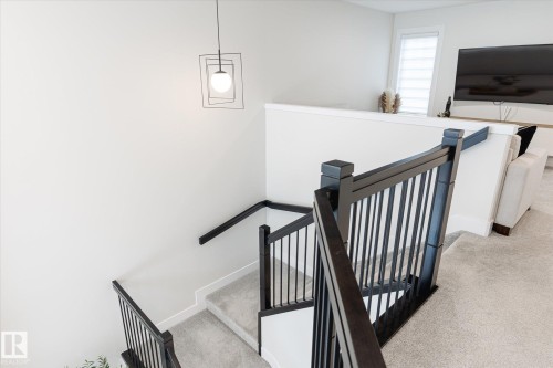 Modern staircase with dark wood newel posts and railings, black metal balusters, and light gray carpeted treads - 1214 Eaton Lane, Edmonton, AB - Indoor Photo Showing Other Room
