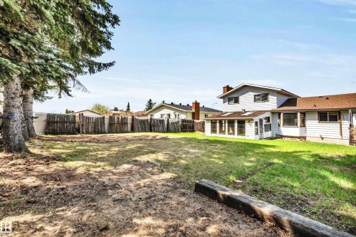 Expansive grassy yard with mature evergreen trees, a wooden fence, and a white siding home featuring an attached sunroom with multiple windows - 6723 39 Avenue, Edmonton, AB - Outdoor