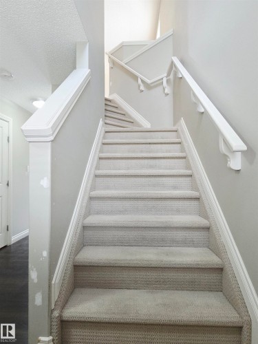 Carpeted staircase with white handrails and trim, featuring light gray wall paint and a textured ceiling - 21321 94 Avenue, Edmonton, AB - Indoor Photo Showing Other Room