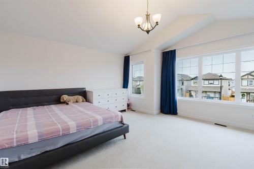 Spacious bedroom featuring vaulted ceilings, a central chandelier, multiple large windows, and light-toned wall-to-wall carpeting - 17718 5A Avenue, Edmonton, AB - Indoor Photo Showing Bedroom