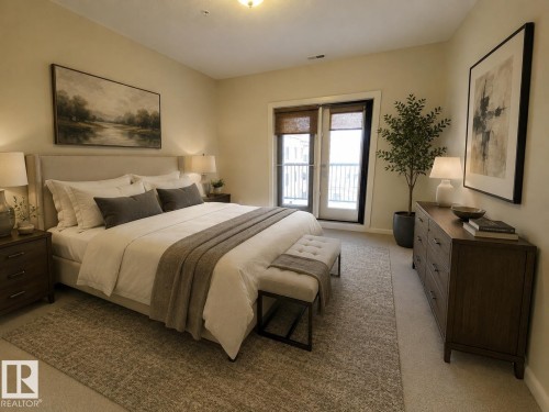 Staged image showcasing potential furnishing ideas for the main bedroom - 442 160 Magrath Road, Edmonton, AB - Indoor Photo Showing Bedroom