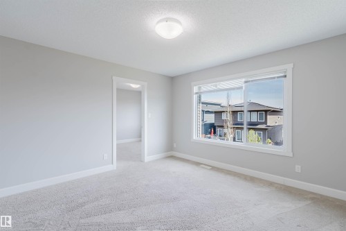 Spacious room featuring light gray walls, plush carpet flooring, a large window with white trim, and a flush mount ceiling light fixture - 2839 Koshal Crescent, Edmonton, AB - Indoor