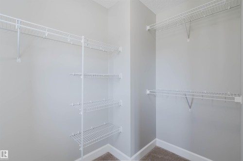 Walk-in closet featuring wire shelving, wire hanging rods, light gray wall paint, white baseboards, and carpet flooring - 2839 Koshal Crescent, Edmonton, AB - Indoor With Storage