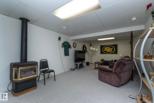 Finished lower level featuring a black freestanding fireplace with brass accents, light gray carpeting, drop ceiling with recessed lighting, white baseboards, and painted white walls - 25 1904 Mill Woods Road Road, Edmonton, AB - Indoor