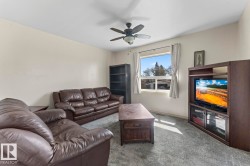 Carpeted living area featuring a ceiling fan with integrated lighting, a large window, and light-toned wall finishes - 