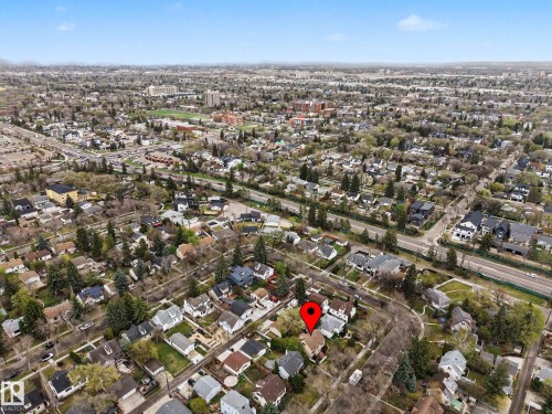 Aerial perspective showcasing a residential neighborhood with established trees and diverse architectural styles - 13316 109A Avenue, Edmonton, AB - Outdoor With View