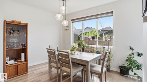 Dining area with light wood-finish flooring, a contemporary multi-globe pendant light fixture, and a large window providing ample natural light - 17364 2 Street, Edmonton, AB - Indoor Photo Showing Dining Room