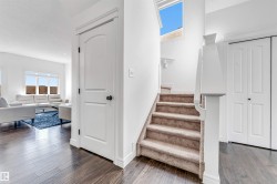 Carpeted staircase with white balustrade and natural light from an overhead window - 