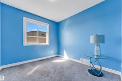 Windowed room with textured blue walls, white trim, and gray carpet flooring - 