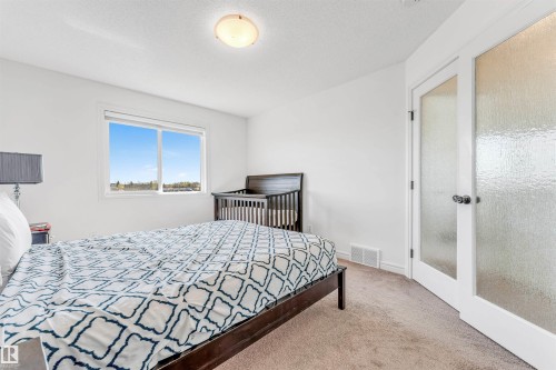 Room featuring a large window, neutral carpeting, and a ceiling-mounted light fixture - 2292 Casey Crescent, Edmonton, AB - Indoor Photo Showing Bedroom