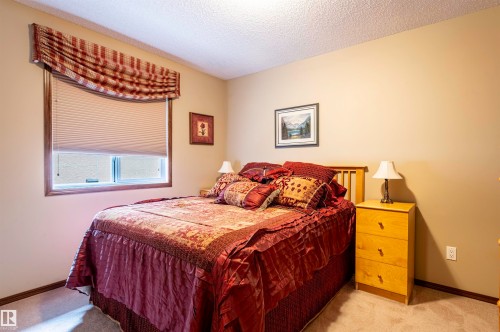 Window with horizontal blinds and decorative valance, neutral wall color, carpeted flooring, and a flat ceiling - 19 Newton Place, St. Albert, AB - Indoor Photo Showing Bedroom