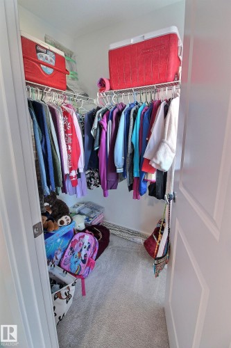 Walk-in closet featuring wire shelving, hanging rods, and light gray carpeting - 121 Stiles Bend, Leduc, AB - Indoor With Storage