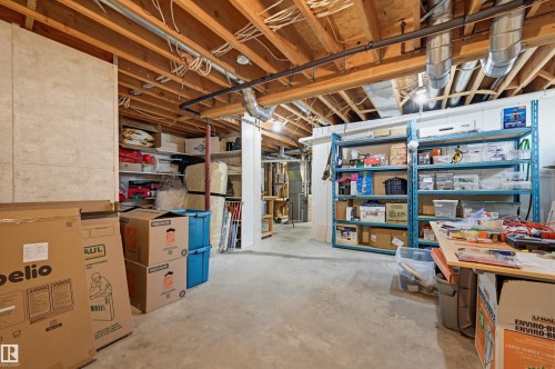 Unfinished basement featuring exposed wood joists, concrete flooring, and extensive storage shelving - 317 Hollick-Kenyon Road, Edmonton, AB - Indoor Photo Showing Basement