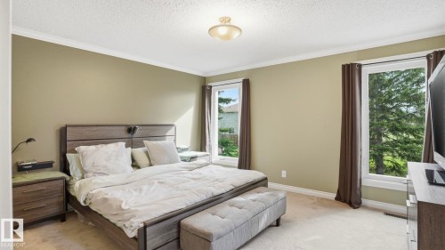 Carpeted room featuring two large windows, crown molding, and a flush-mount ceiling light fixture - 27 Addison Crescent, St. Albert, AB - Indoor Photo Showing Bedroom