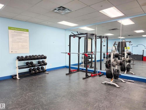 Fitness area featuring rubberized flooring, mirrored wall, weight rack, dumbbell set, and a power rack - 135 7825 71 Street, Edmonton, AB - Indoor Photo Showing Gym Room