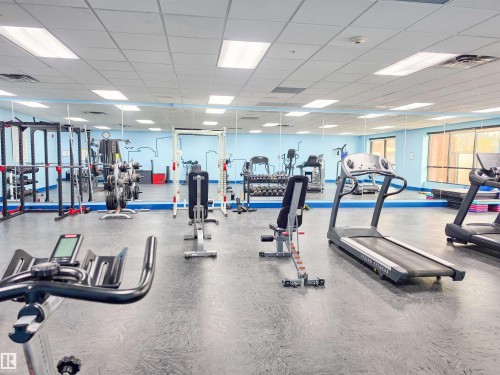 Spacious fitness room featuring a durable rubberized floor, mirrored wall, extensive windows, and bright overhead lighting - 135 7825 71 Street, Edmonton, AB - Indoor Photo Showing Gym Room
