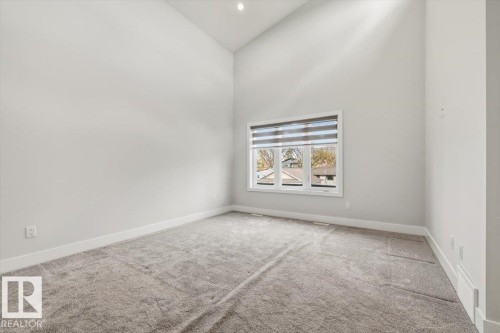 Spacious room featuring vaulted ceilings, plush grey carpeting, and a large window with privacy blinds - 9933 79 Street, Edmonton, AB - Indoor Photo Showing Other Room