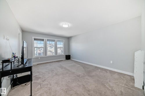 Spacious room featuring light gray walls, plush carpet flooring, and three large windows with white trim - 19635 29 Avenue, Edmonton, AB - Indoor Photo Showing Other Room