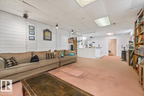 Carpeted living area featuring white shiplap-style wall paneling, track lighting, and a dropped ceiling with recessed lighting - 9732 64 Street, Edmonton, AB - Indoor