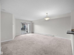 Spacious living area featuring neutral carpeting, light-toned walls, and a glass sliding door providing access to an exterior balcony - 