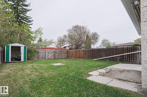 Expansive backyard featuring a green metal storage shed, wood privacy fencing, a gate, and concrete steps leading to the property - 35 Chungo Drive, Devon, AB - Outdoor