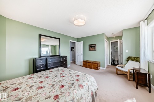 Spacious bedroom featuring light green walls, a neutral carpet, and a ceiling-mounted light fixture - 5333 Terwillegar Boulevard, Edmonton, AB - Indoor Photo Showing Bedroom
