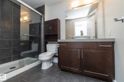 Modern bathroom featuring a glass-enclosed shower with dark tile surround, a dark wood-finish vanity with a vessel sink, a coordinating dark wood-finish storage cabinet, and large-format tile flooring - 
