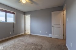 Carpeted room featuring a ceiling fan with integrated lighting, a double-pane window with wood-finish blinds, and two panel interior doors - 