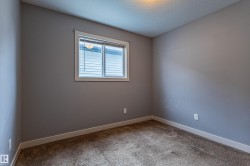 Light gray painted walls with white trim, brown carpeted flooring, and a single window with white blinds - 
