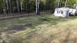Expansive grassy yard with mature trees and a rustic fence line - 
