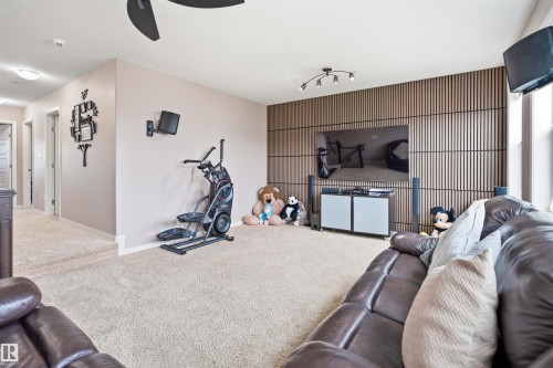 Spacious room featuring a textured accent wall, track lighting, and soft carpeting - 1444 37C Avenue, Edmonton, AB - Indoor Photo Showing Gym Room