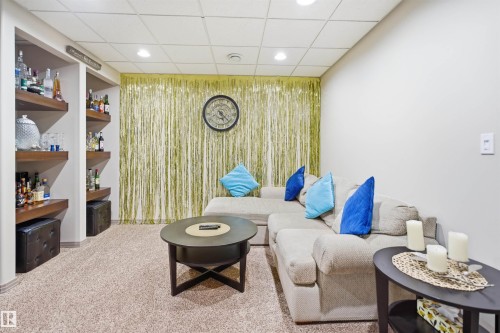 Recessed wall shelving with wood-finish floating shelves, carpet flooring, and a drop ceiling with recessed lighting - 1444 37C Avenue, Edmonton, AB - Indoor