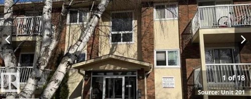 Multi-story residential building exterior featuring brick and stucco facade, individual balconies with white railings, and mature trees - 204 10811 115 Street, Edmonton, AB - 