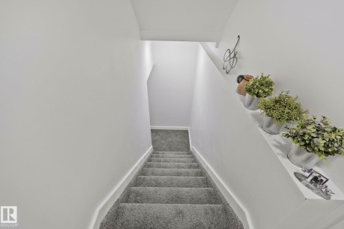 Carpeted staircase featuring a light gray finish, crisp white walls, and a recessed wall shelf - 21027 130 Avenue, Edmonton, AB - Indoor Photo Showing Other Room