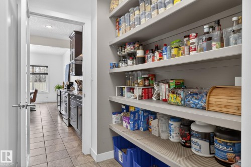 A spacious pantry with light grey shelving provides extensive storage - 26 Edgewater Terr N, St. Albert, AB - Indoor