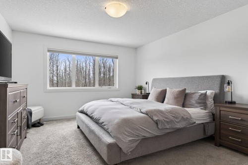 This bedroom features a large window providing views of trees, light-colored walls, and a textured ceiling - 26 Edgewater Terr N, St. Albert, AB - Indoor Photo Showing Bedroom