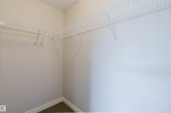 Walk-in closet featuring wire shelving, neutral wall paint, white baseboards, and carpet flooring - 