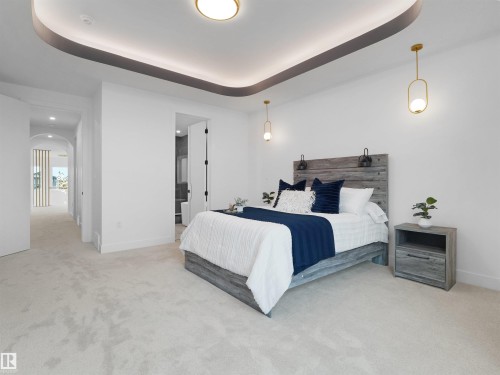 Room featuring light-colored carpeting, a recessed ceiling with cove lighting, and a modern ceiling fixture - 43 Eldridge Point(E), St. Albert, AB - Indoor Photo Showing Bedroom