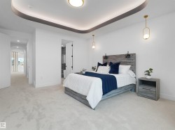 Room featuring light-colored carpeting, a recessed ceiling with cove lighting, and a modern ceiling fixture - 