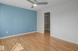 Room featuring wood-finish flooring, a contemporary ceiling fan with integrated lighting, a contrasting accent wall, and a walk-in closet with built-in shelving - 