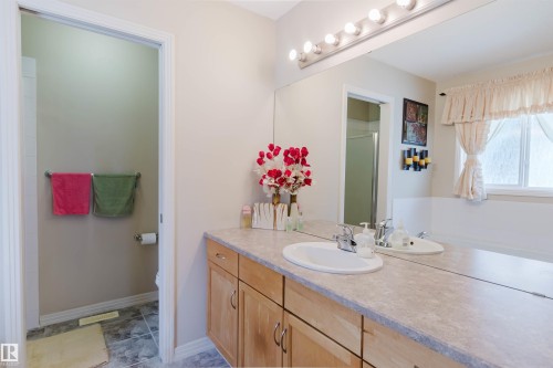 Bathroom vanity featuring a light-toned countertop with integrated sink, wood-finish cabinetry, and a full-width mirror - 1764 Melrose Crescent, Edmonton, AB 