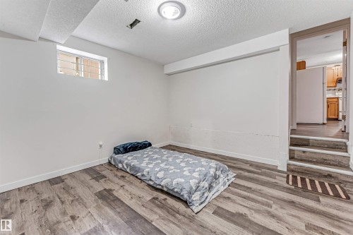 Spacious room featuring wood-finish flooring, a white ceiling with a flush-mount light fixture, and a high window with grilles - 1529 49A Street Nw, Edmonton, AB - Indoor
