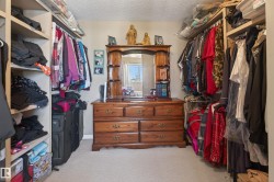 Walk-in closet featuring extensive built-in shelving, multiple hanging rods, and light-colored carpeting - 